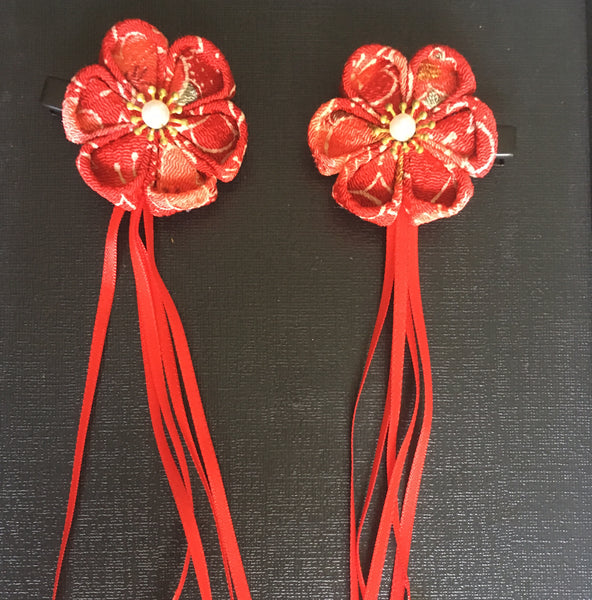 Okiddo Japanese Accessory Hair Clip - Sakura with bells (Red)